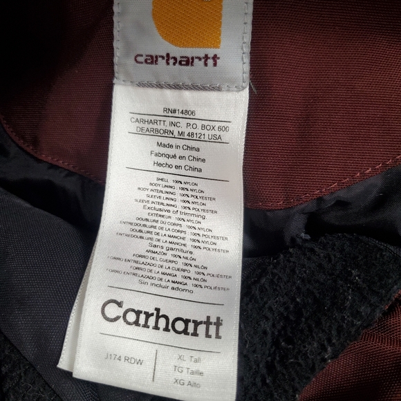 Carhartt Jacket Men’s XLT Maroon Insulated Nylon Full-Zip Work J174 RDW - Picture 6 of 6